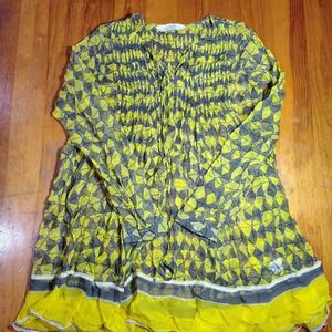 Ritu Kumar Yellow Grey Geometric Print Smocked V Neck Tunic Top Viscose